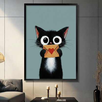 Black framed cute black cat holding a love letter envelope wall art print displayed on a dark grey panel wall above a console table with candle holders