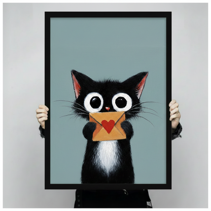 Person holding a large black framed cute black cat love letter wall art print showing print size against a neutral grey background