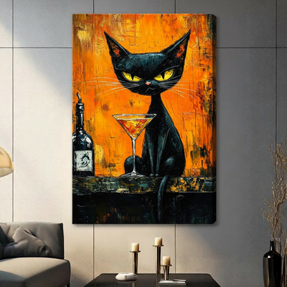 Expressionist palette knife oil painting of a thin black cat with intense yellow-green eyes sitting on a bar counter next to an amber martini cocktail glass and a dark liquor bottle against a fiery orange and gold heavy-texture background bold black cat bar wall art stretched canvas in a living room with dark gray panel wall dark sofa and black vase