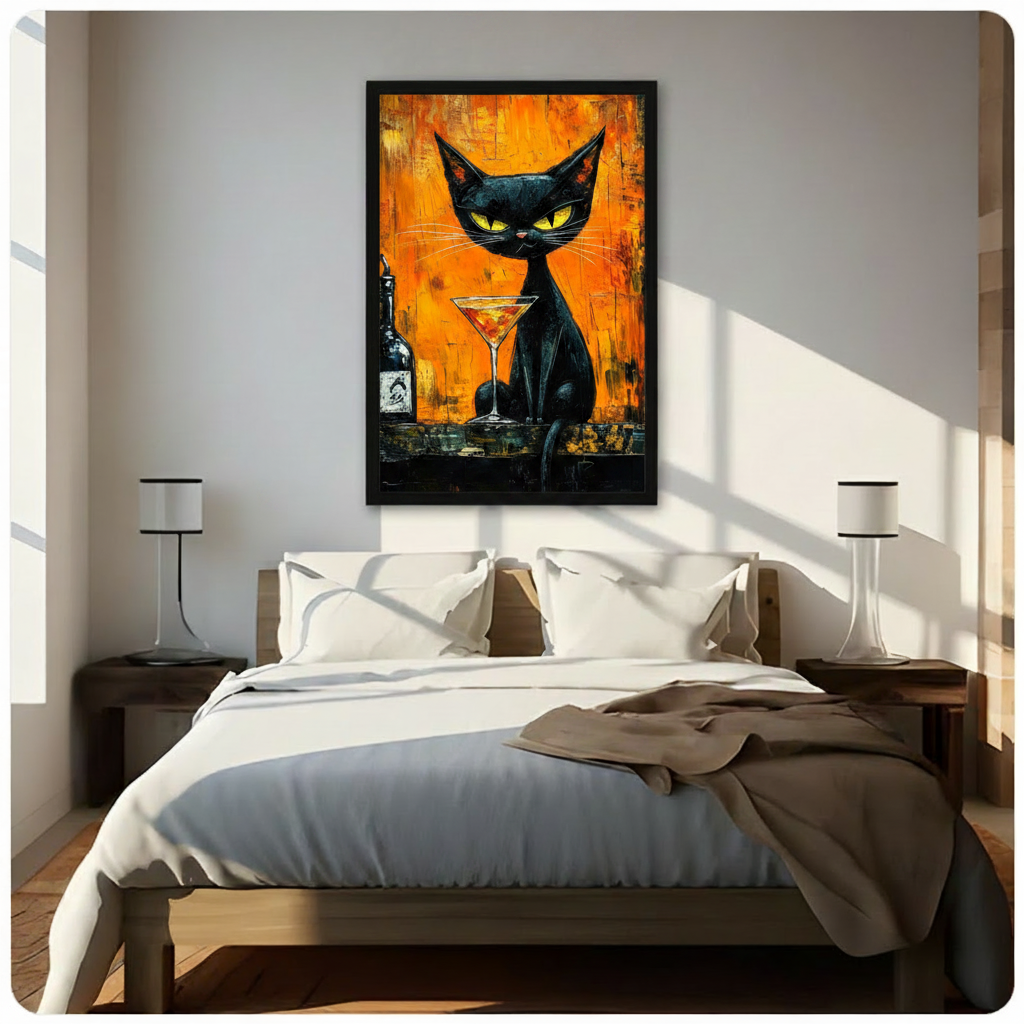 Expressionist heavy-texture oil painting of a sleek black cat with glowing yellow-green eyes seated at a bar with a martini glass of amber liquor and a dark bottle against a fiery orange gold impasto background dramatic cat bar wall art framed print above a bedroom with white linen bedding dark wood bed frame and white table lamps