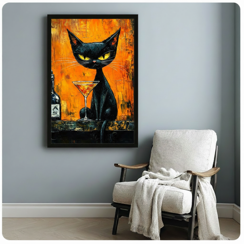 Expressionist palette knife oil painting of a slender black cat with vivid yellow-green eyes perched at a bar counter next to a martini glass with an amber cocktail and a dark bottle against a blazing orange and gold textured background dramatic black cat bar wall art framed print beside a white linen armchair on a blue gray wall