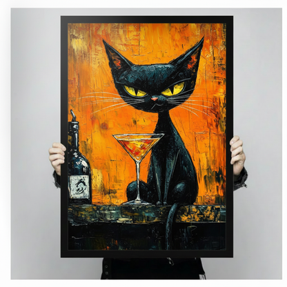 Expressionist palette knife oil painting of a sleek black cat with piercing yellow-green eyes sitting at a bar beside a martini glass filled with amber cocktail and a dark liquor bottle against a fiery orange and gold heavily textured background bold black cat bar wall art framed print held against a light gray background