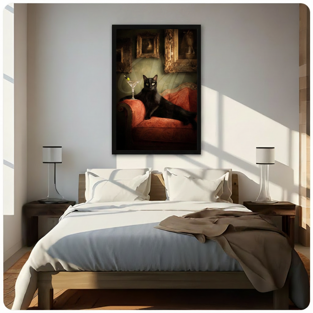 Moody black cat portrait canvas wall art hung above bed in bright minimalist bedroom regal cat with martini on crimson chaise oil-style framed print bedroom statement decor
