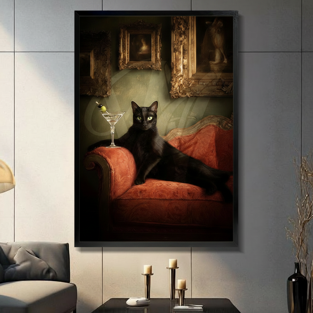 Regal black cat with green eyes reclined on red velvet chaise beside a martini glass old masters oil-style canvas wall art framed print held against light gray background
