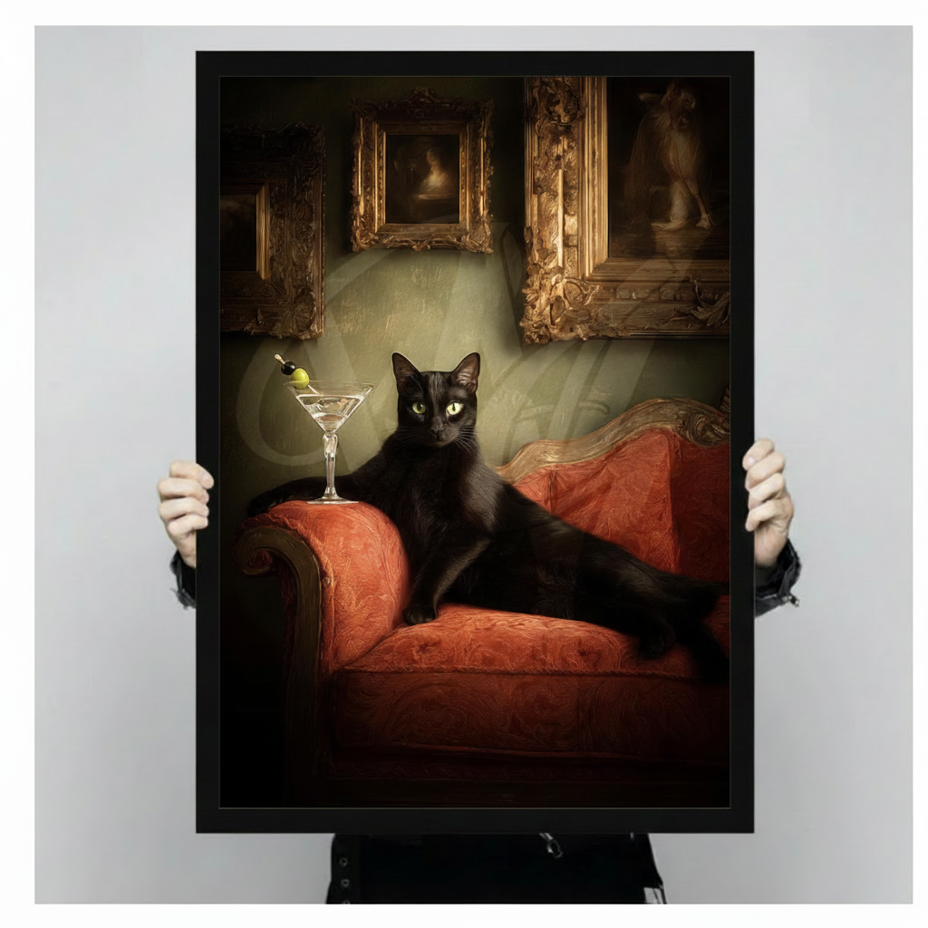 Portrait orientation framed canvas print of aristocratic black cat on red velvet sofa with martini glass gilded frame background old masters style gothic wall art hand held
