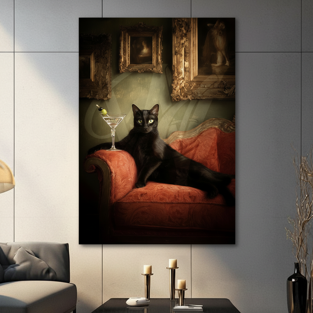Sleek black cat lounging on crimson chaise longue with olive martini glass gallery wrapped stretched canvas wall art dark gothic animal portrait held against gray wall