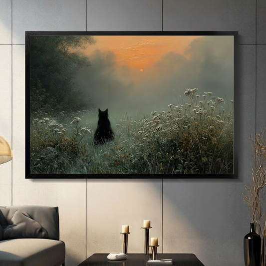 Black cat sitting in misty meadow at sunrise, framed canvas wall art displayed in modern living room