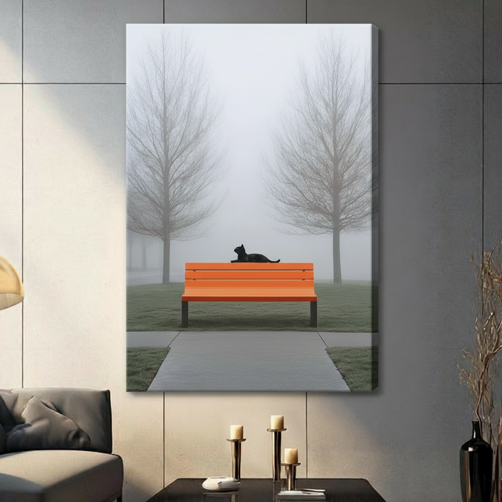 Canvas print featuring a black cat lounging on a bold orange park bench surrounded by fog and bare winter trees in living room setting