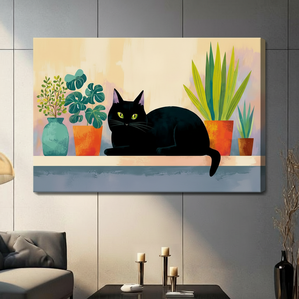 Frameless gallery wrap canvas of black cat resting on shelf surrounded by monstera and snake plants on gray paneled accent wall