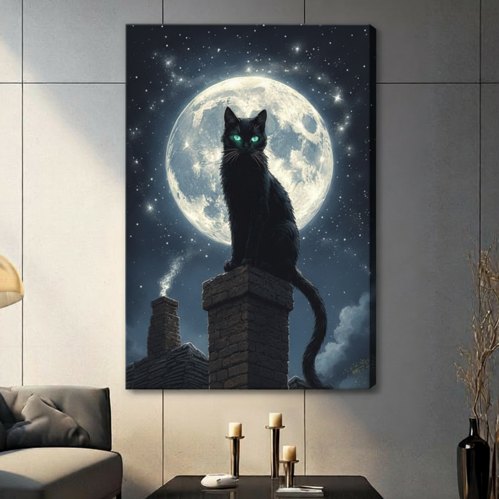 Mysterious black cat perched on a rooftop chimney silhouetted against a glowing full moon with a starry blue-gray sky and curling tail gothic cat wall art stretched canvas in a living room with light gray panel wall dark sofa candle holders and black vase