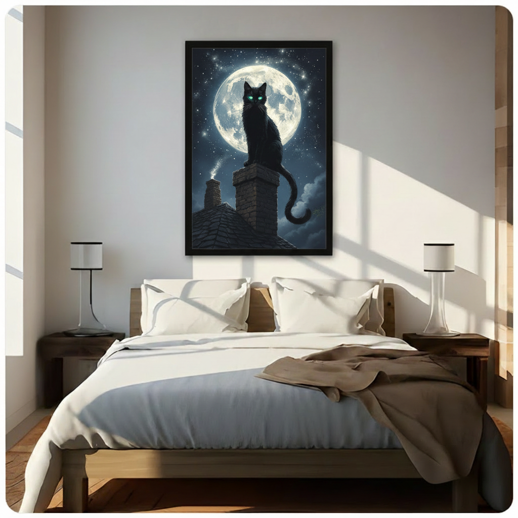 Atmospheric dark illustration of a black cat with glowing green eyes perched on an old brick chimney against a radiant full moon and deep blue starry sky mystical cat night wall art framed print above a bedroom with white linen bedding dark wood bed frame and white table lamps