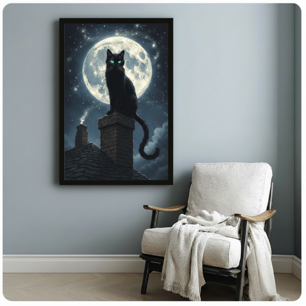 Ethereal illustration of a sleek black cat with piercing green eyes atop a brick chimney beneath a brilliant full moon surrounded by glowing stars and drifting clouds mystical cat wall art framed print beside a white linen folding chair with a cream throw blanket on a blue gray wall