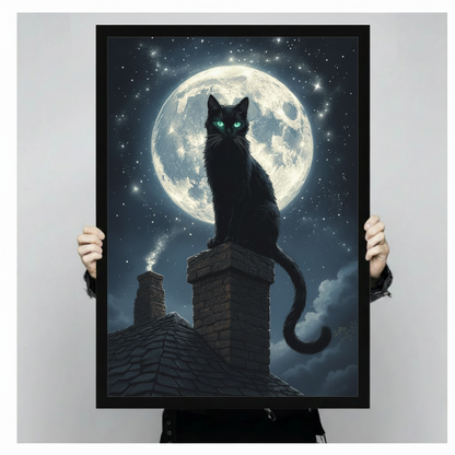 Dark fantasy portrait of a black cat with luminous teal eyes seated on a chimney top with a massive glowing moon and star-filled night sky gothic moonlight cat wall art framed print held against a light gray background