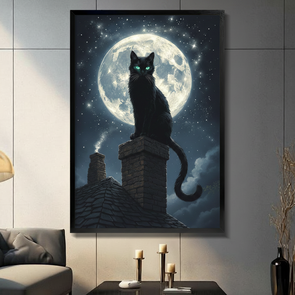 Black cat with glowing teal eyes sitting on a brick chimney against a luminous full moon and starry night sky dark fantasy cat wall art framed print in a living room with light gray panel wall dark sofa candle holders and black vase