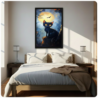 Dark fantasy black cat moon wall art above bed in bright bedroom — framed canvas print with glowing eyes and autumn forest atmosphere