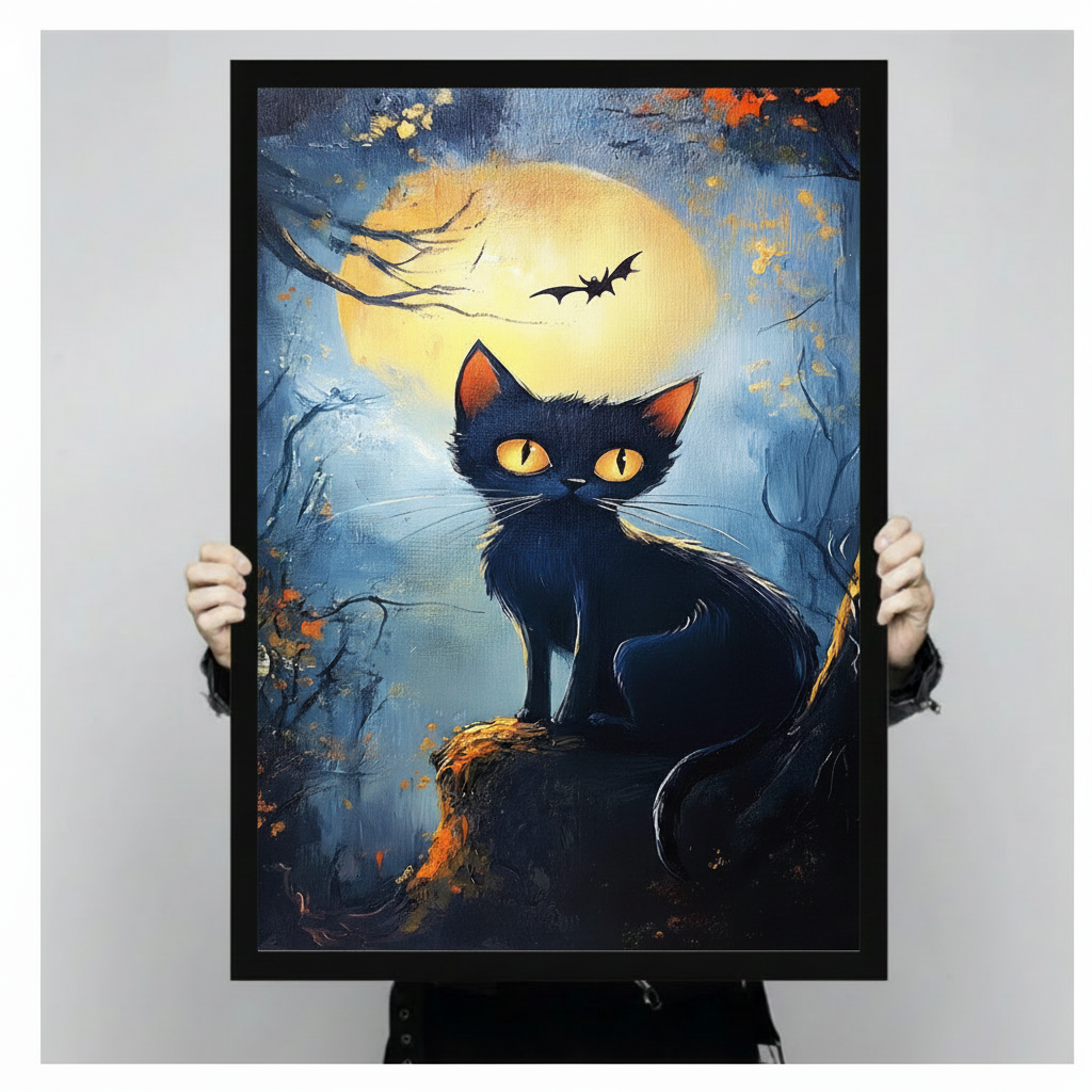 Hand-held black framed canvas print of mysterious black cat with amber eyes under full moon and flying bat