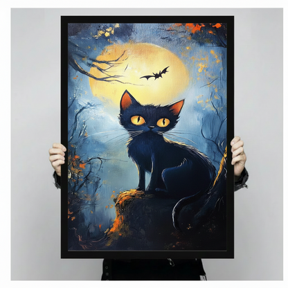 Hand-held black framed canvas print of mysterious black cat with amber eyes under full moon and flying bat