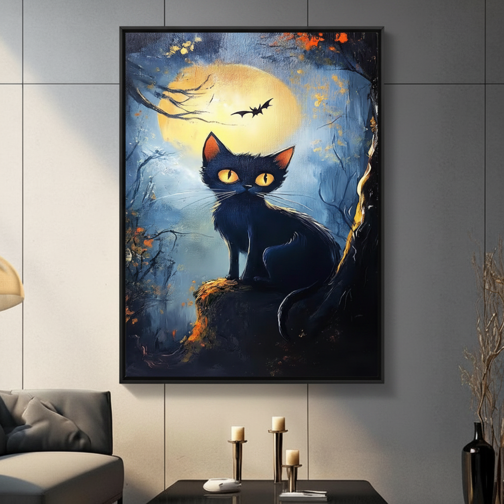 Spooky black cat with glowing eyes framed canvas wall art hanging in modern living room above candle holders — full moon and bat night scene