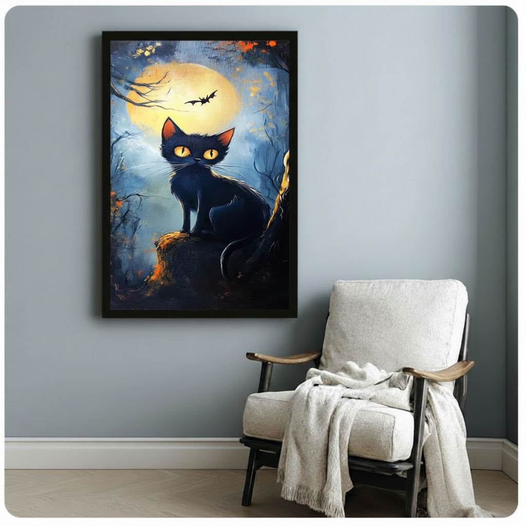 Gothic black cat canvas wall art in black frame beside white linen armchair — eerie forest moonlight painting for cozy reading corner