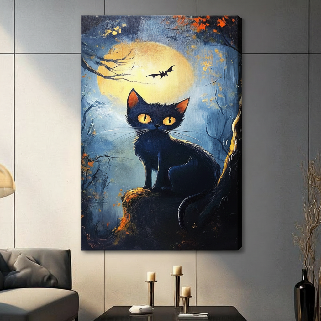 Halloween black cat full moon stretched canvas print on gray living room wall — moody oil painting style with bat silhouette