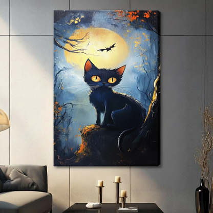 Halloween black cat full moon stretched canvas print on gray living room wall — moody oil painting style with bat silhouette