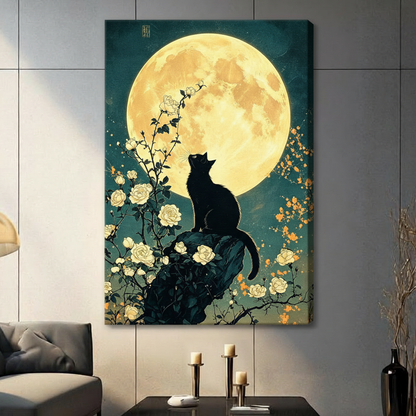 Japanese ukiyo-e style illustration of a black cat silhouette perched on a rock gazing up at a glowing full moon surrounded by white rose branches and golden orange blossoms on a teal night sky cat wall art stretched canvas in living room with light gray panel wall and dark sofa