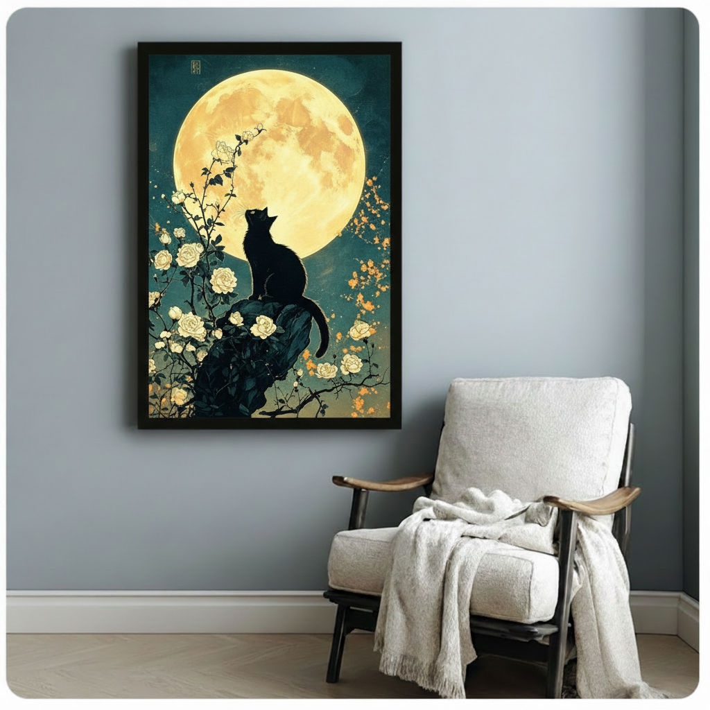 Japanese ukiyo-e style illustration of a black cat silhouette perched on a rock gazing up at a glowing full moon surrounded by white rose branches and golden orange blossoms on a teal night sky cat wall art framed print beside armchair on blue-gray wall