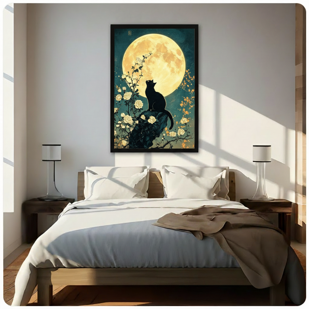 Japanese ukiyo-e style illustration of a black cat silhouette perched on a rock gazing up at a glowing full moon surrounded by white rose branches and golden orange blossoms on a teal night sky cat wall art framed print above bedroom with white bedding and dark wood bedside tables