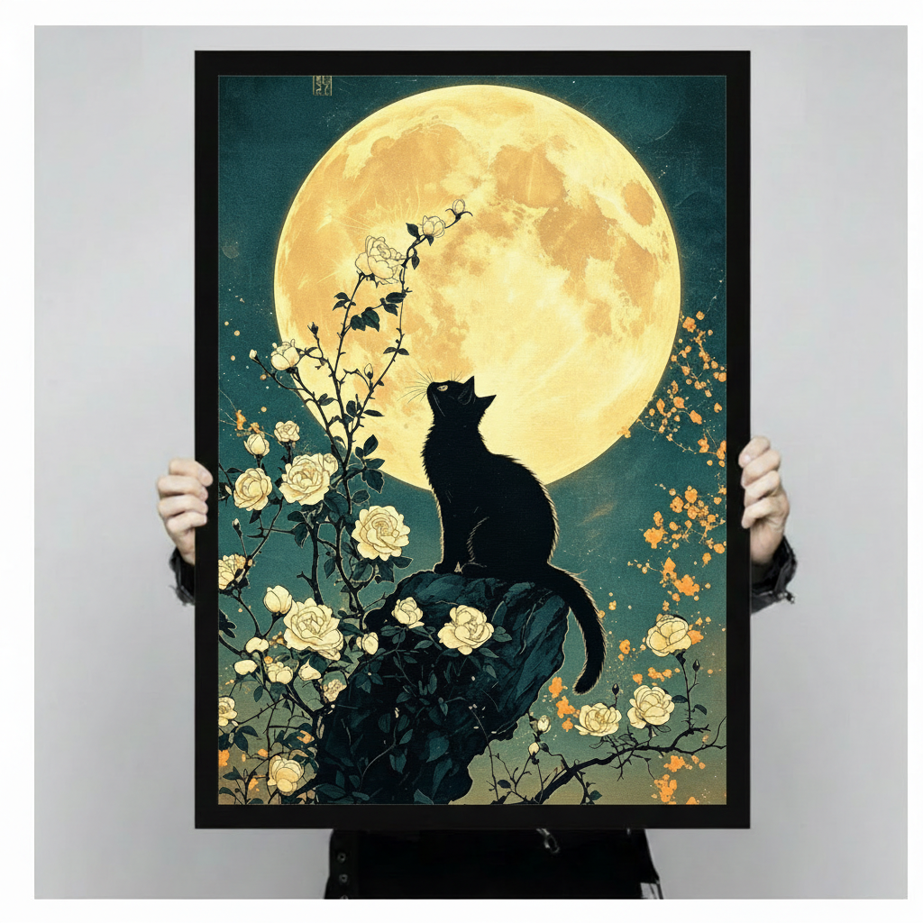 Japanese ukiyo-e style illustration of a black cat silhouette perched on a rock gazing up at a glowing full moon surrounded by white rose branches and golden orange blossoms on a teal night sky cat wall art framed print held against light gray background