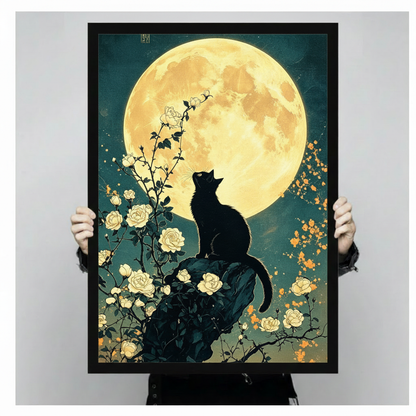 Japanese ukiyo-e style illustration of a black cat silhouette perched on a rock gazing up at a glowing full moon surrounded by white rose branches and golden orange blossoms on a teal night sky cat wall art framed print held against light gray background