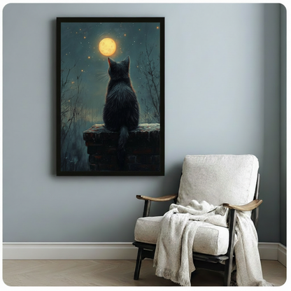 Framed oil painting style canvas of a black cat watching the full moon rise over a misty forest, styled beside a cozy armchair on a blue-grey wall