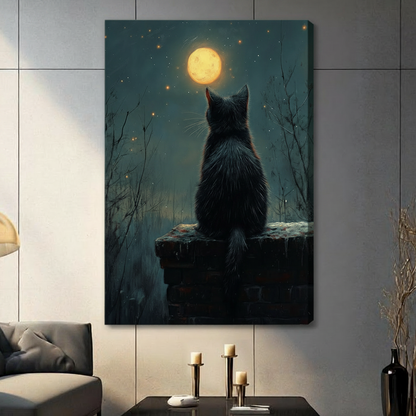 Gallery wrap canvas print of a black cat sitting on a stone wall looking up at a glowing full moon surrounded by bare trees