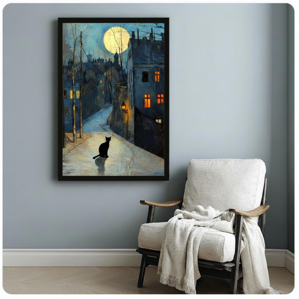 Impressionist black cat moonlit street scene framed wall art print hung above linen accent chair in calm grey room