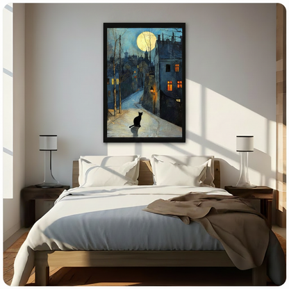 Van Gogh inspired black cat under full moon European street framed wall art print centered above bed in bright Scandinavian bedroom