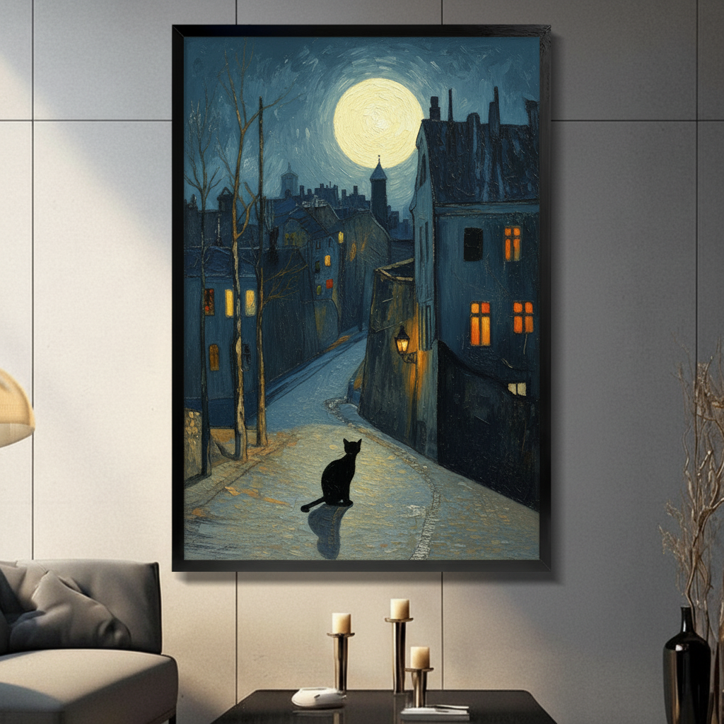Black cat sitting on moonlit cobblestone street impressionist oil painting in black frame mounted on grey living room wall