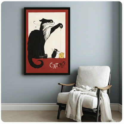 Framed black cat and mouse catch poster art hung on light blue wall beside white armchair with cozy throw blanket in reading nook