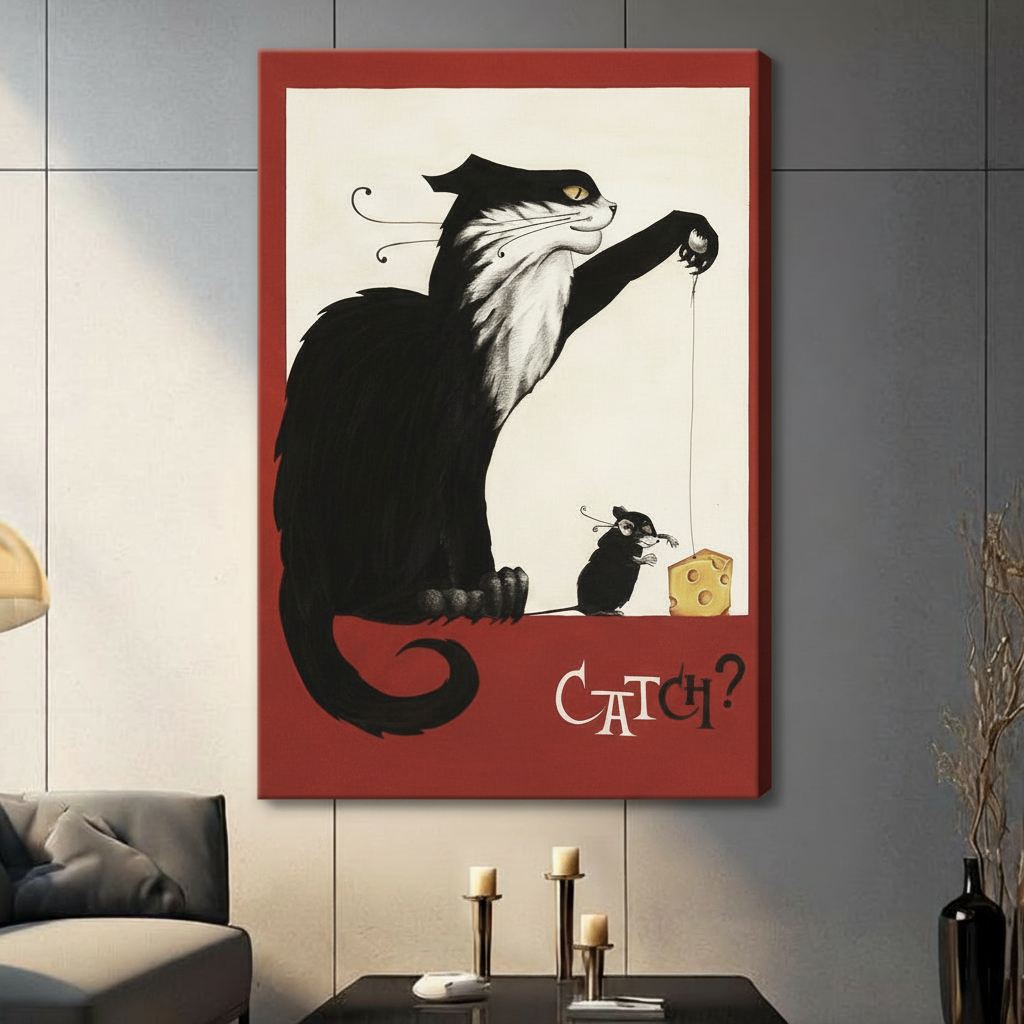 Unframed black cat mouse catch vintage illustration canvas print with bold red border displayed in contemporary living room setting