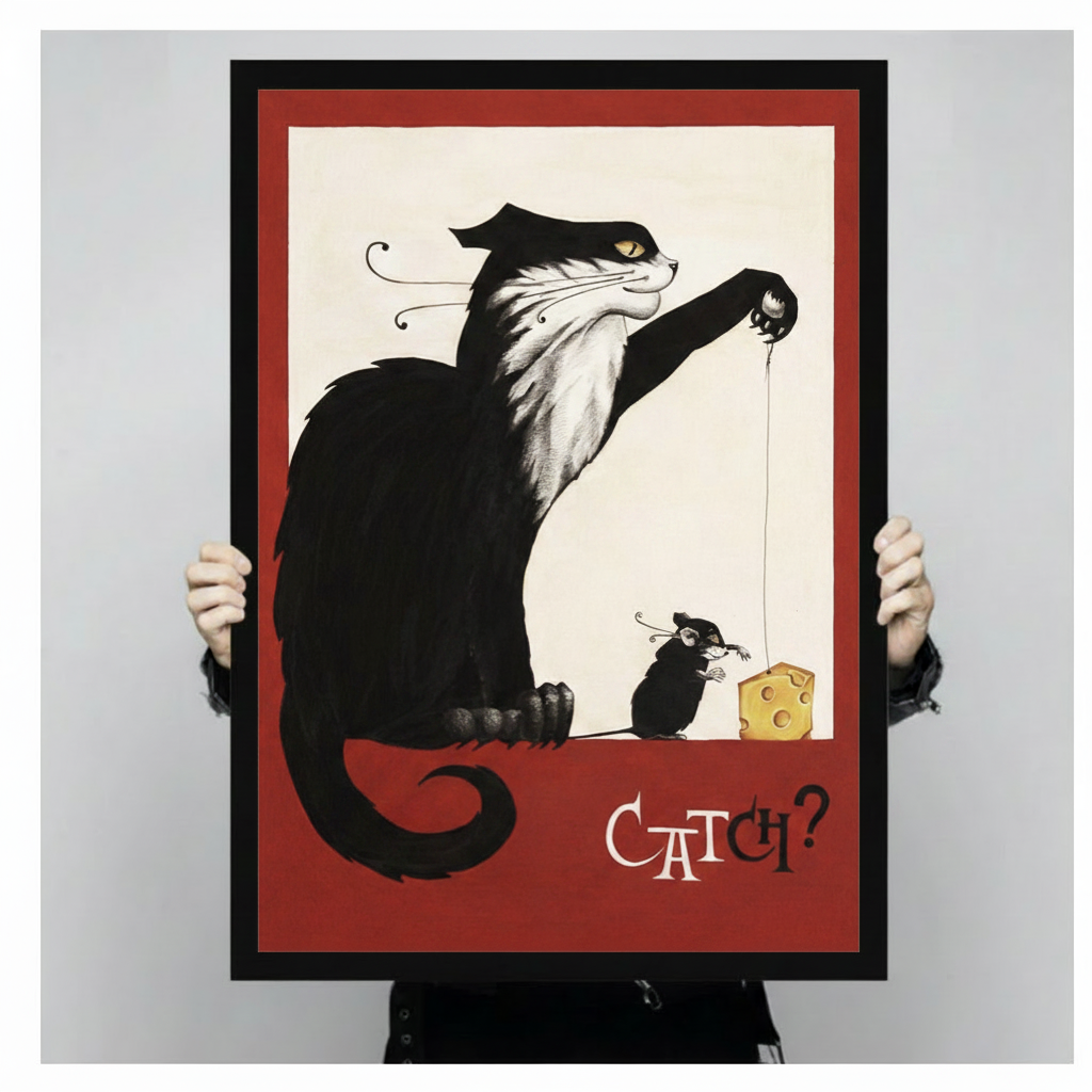 Person holding framed black cat mouse catch vintage poster canvas to show actual print size and black frame detail against neutral background