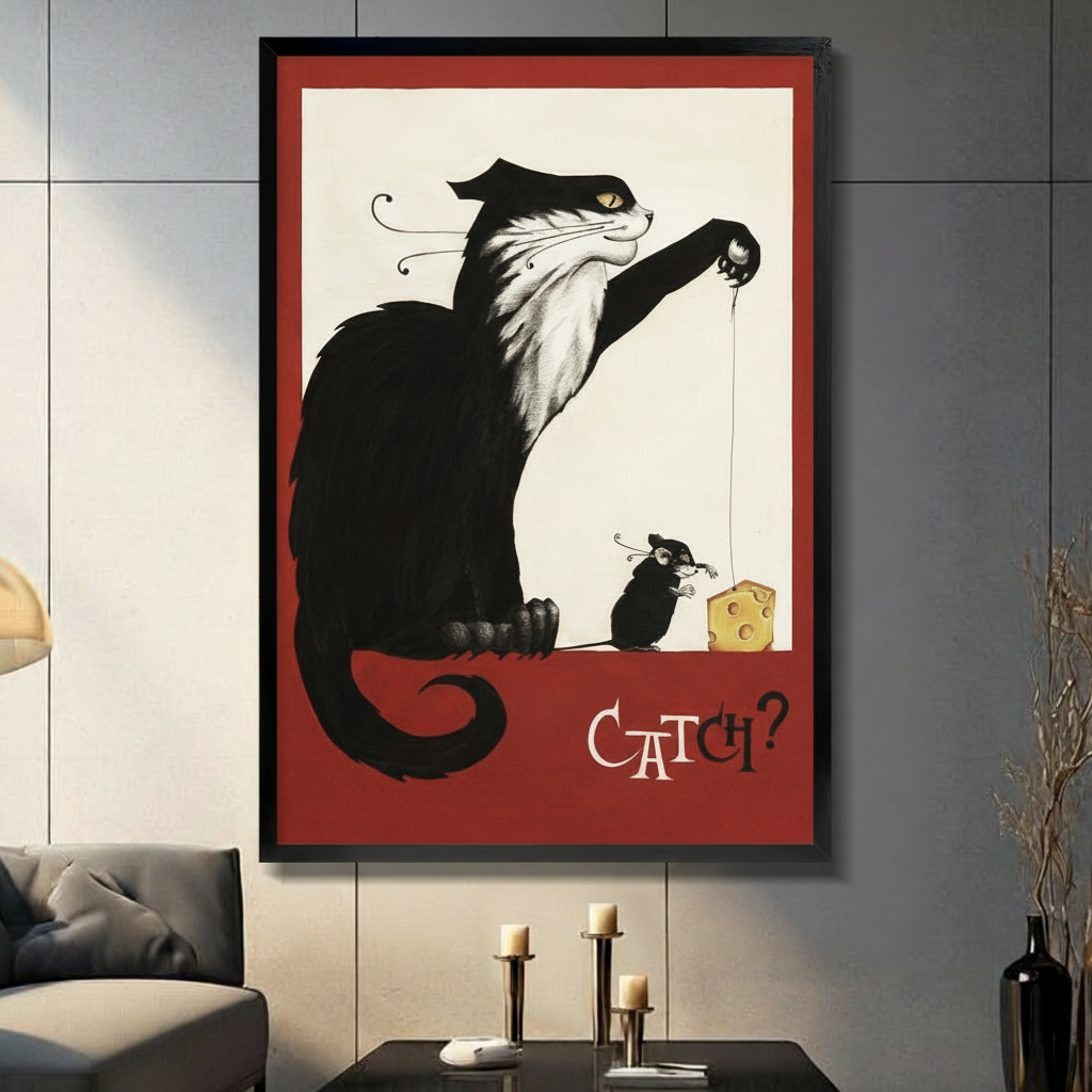 Framed black cat and mouse catch vintage poster canvas wall art displayed in moody dark living room above console table with candlesticks