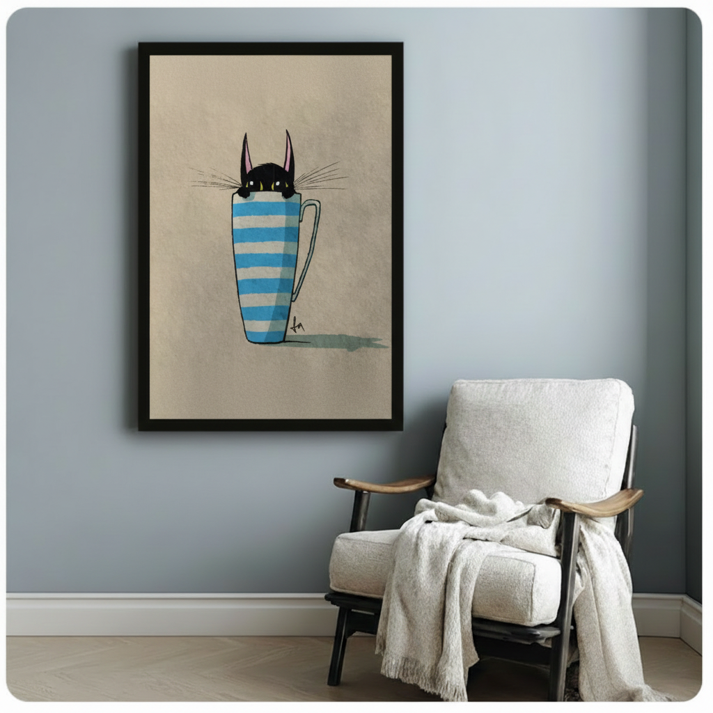 Funny black cat peeking from striped mug canvas art in black frame, hung on blue-grey wall beside white linen armchair in cozy room