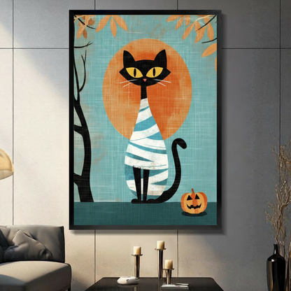 Black cat mummy costume with jack-o-lantern and large orange moon mid-century modern flat illustration in black frame on dark grey panel wall – teal background Halloween cat canvas wall art for living room