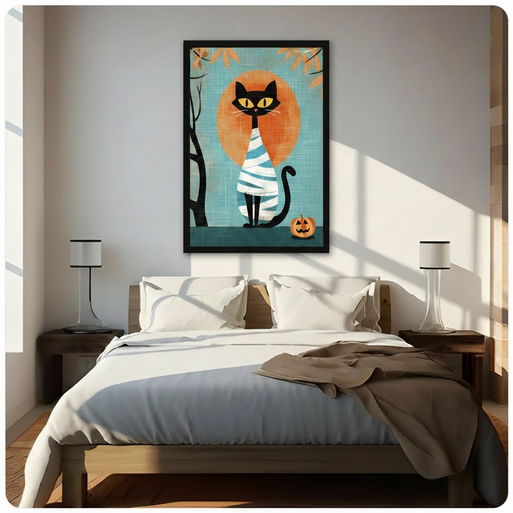 Black cat wrapped in mummy bandages with jack-o-lantern and orange moon mid-century modern flat illustration in black frame above wooden bed in sunlit white bedroom – teal linen texture Halloween cat canvas wall art