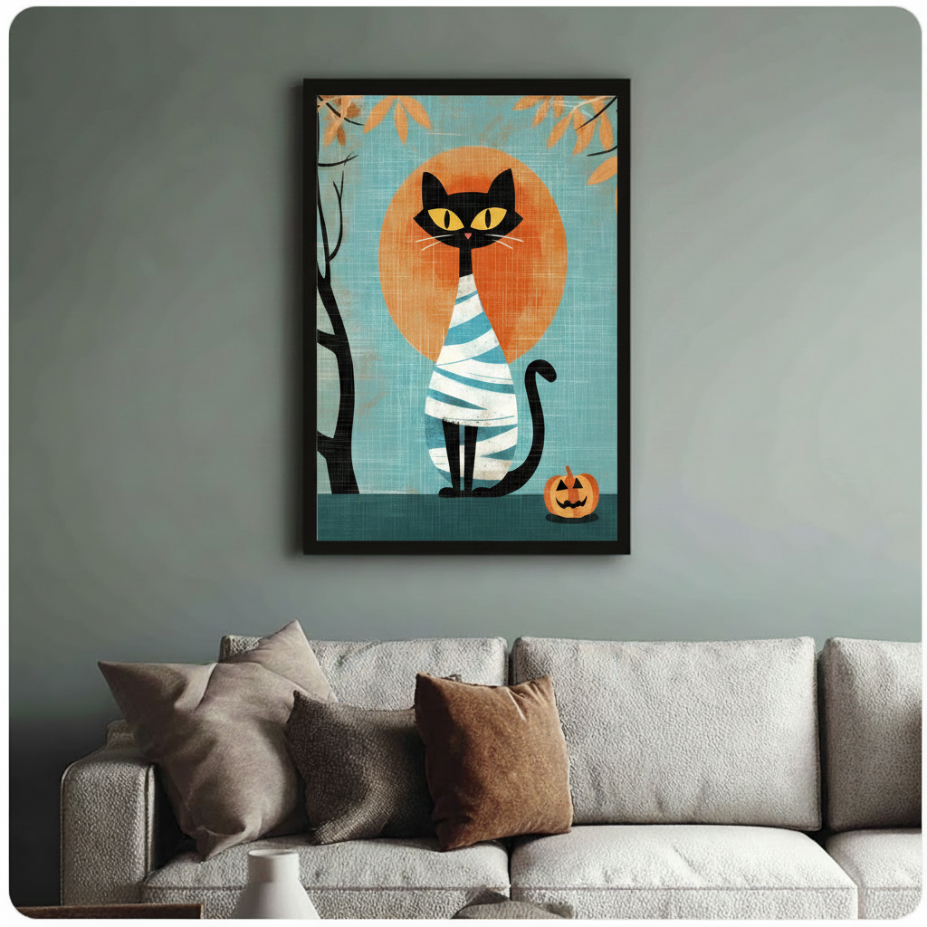 Framed black cat mummy with pumpkin lantern and orange moon mid-century modern flat illustration above cream textured sofa on grey blue wall – teal background Halloween cat canvas wall art for living room decor
