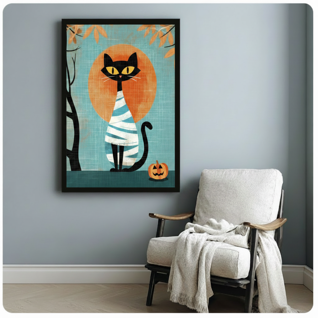 Black cat in mummy bandages with jack-o-lantern framed mid-century modern flat illustration beside white linen armchair on blue grey wall – orange moon bare tree Halloween cat canvas art for reading corner