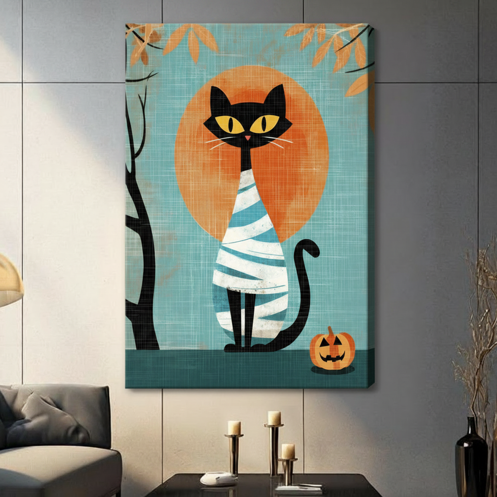Frameless black cat in mummy bandages beside jack-o-lantern with orange full moon mid-century modern flat illustration on dark grey panel wall – teal linen texture Halloween cat canvas print for contemporary living room