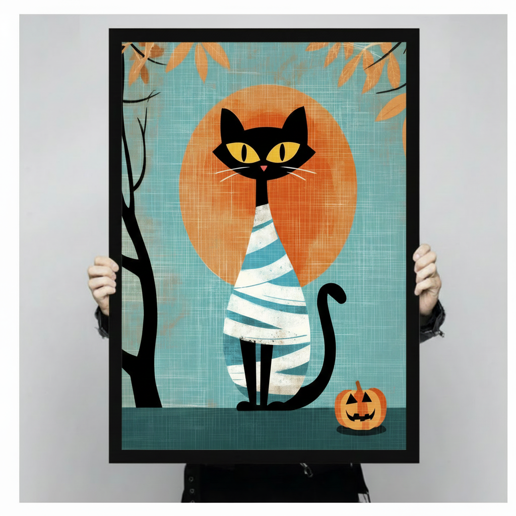 Hands holding framed black cat mummy costume with jack-o-lantern and orange full moon mid-century modern flat illustration canvas – teal linen texture Halloween cat wall art size reference display