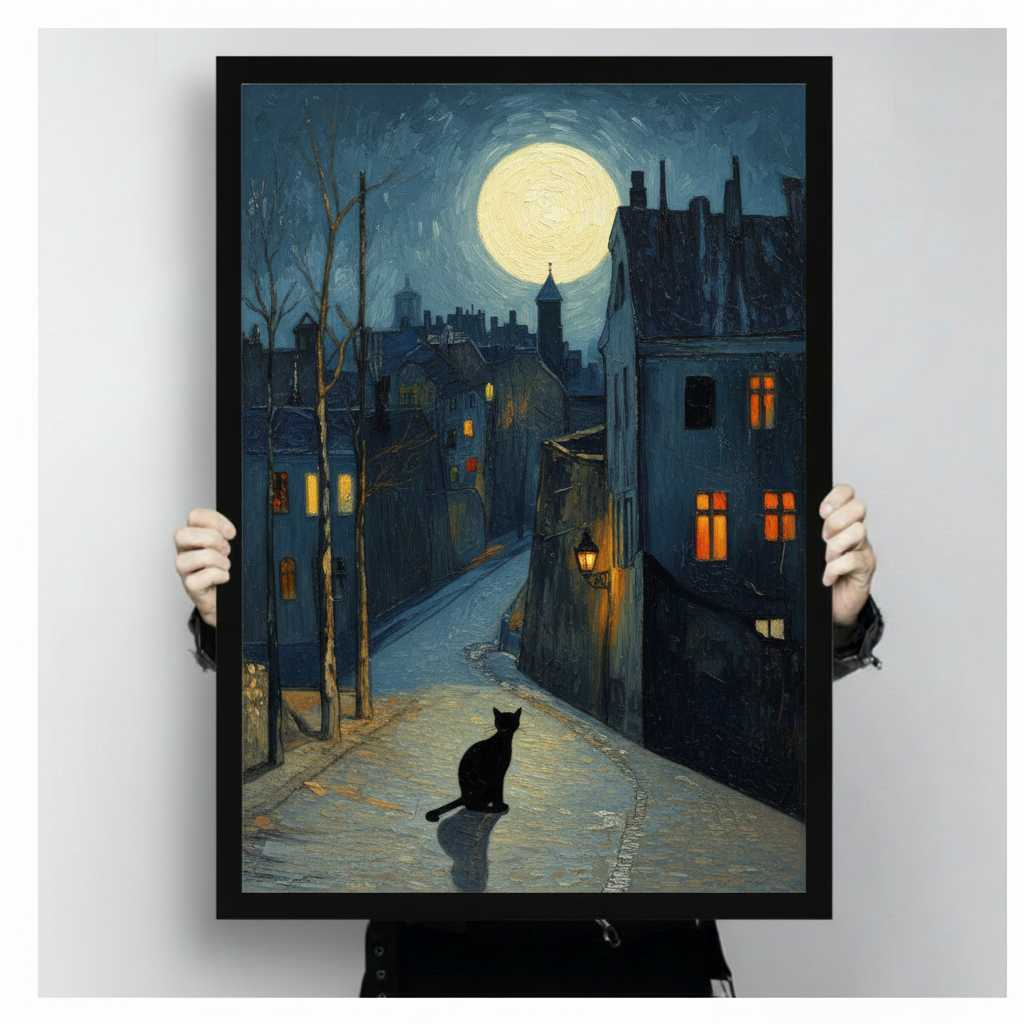 Person holding large black-framed black cat moonlit city street oil painting print to show actual poster size and detail