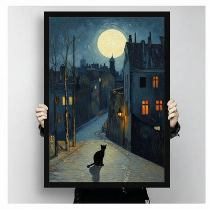 Person holding large black-framed black cat moonlit city street oil painting print to show actual poster size and detail