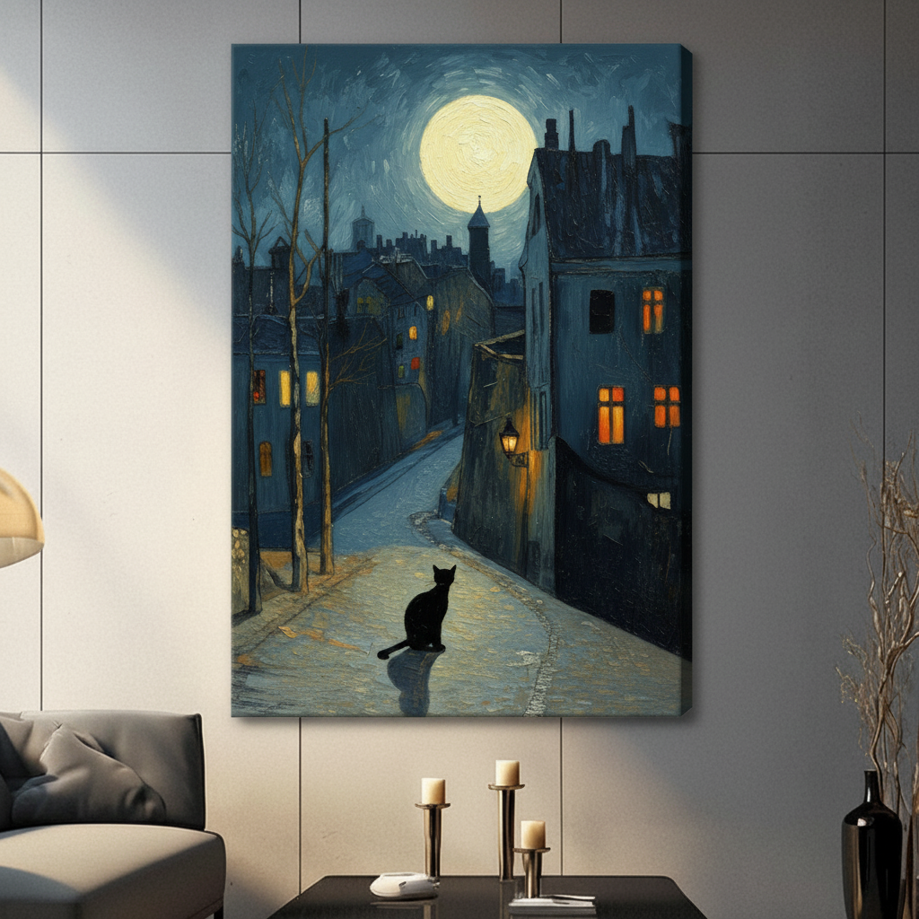 Gallery wrapped canvas of Van Gogh style black cat under full moon on European cobblestone street displayed in modern living room