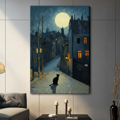 Gallery wrapped canvas of Van Gogh style black cat under full moon on European cobblestone street displayed in modern living room